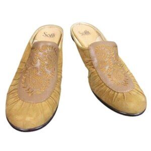 Sofft Embroidered Slip-On Mule Heels Tan Suede Size 8.5